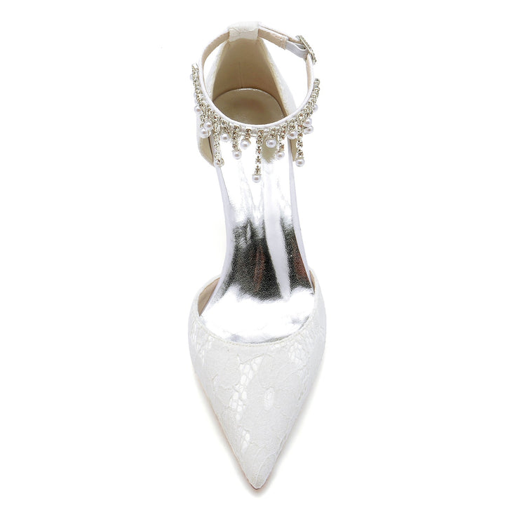 Chaussures de Mariage pour Femmes en Dentelle Perlée, Chaussures de Mariée à Bout Pointu et Bride à la Cheville
