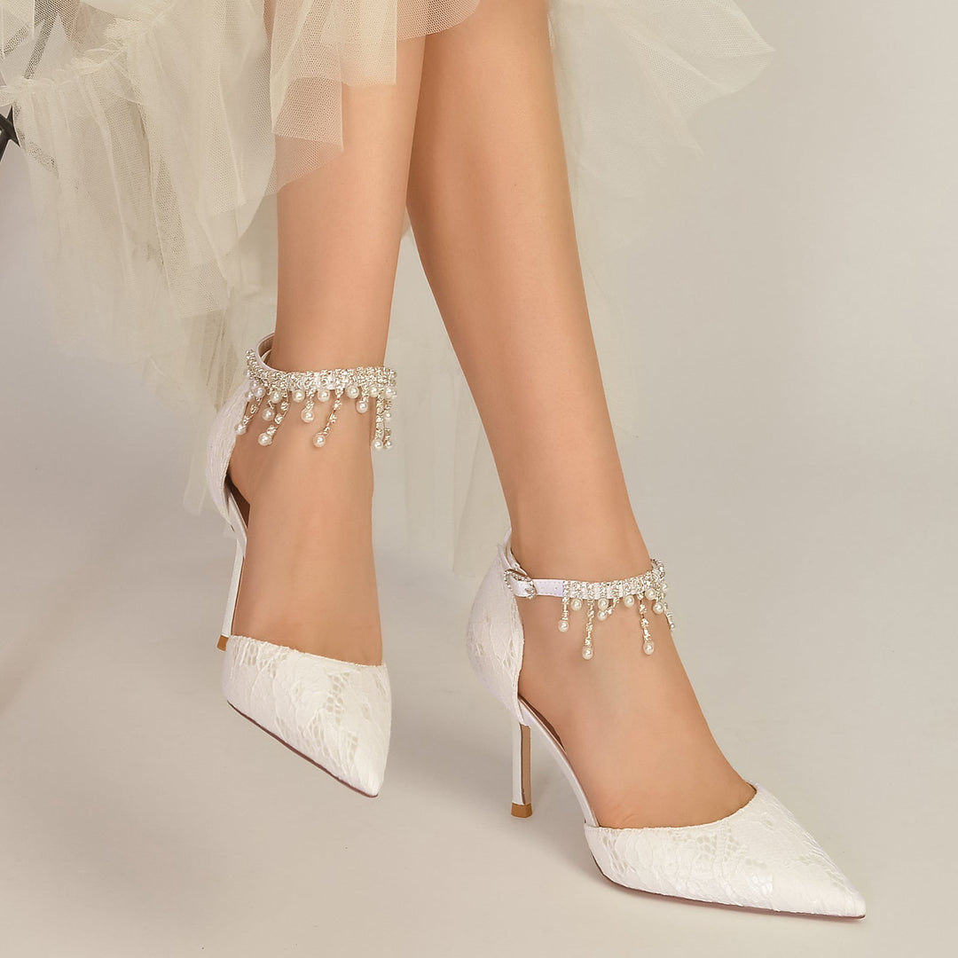 Chaussures de Mariage pour Femmes en Dentelle Perlée, Chaussures de Mariée à Bout Pointu et Bride à la Cheville