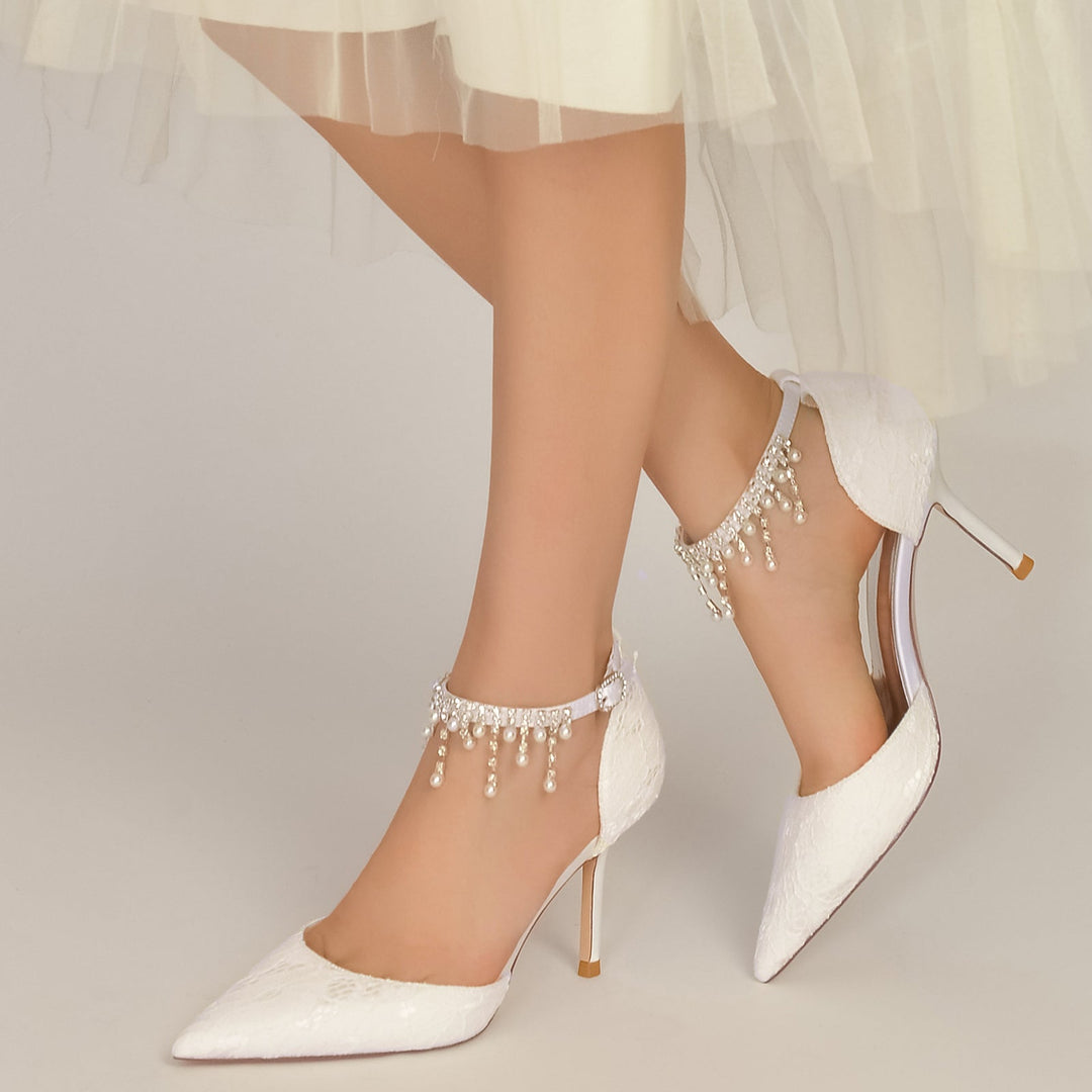 Chaussures de Mariage pour Femmes en Dentelle Perlée, Chaussures de Mariée à Bout Pointu et Bride à la Cheville