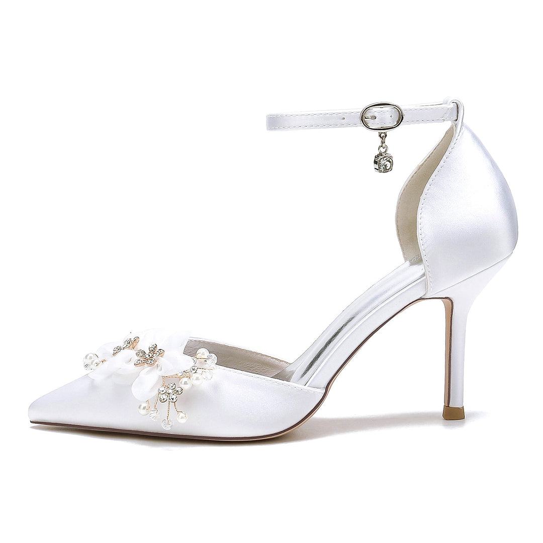 Chaussures de Mariée à Talons Hauts et Bout Pointu pour Femmes avec Fleurs de Mariage