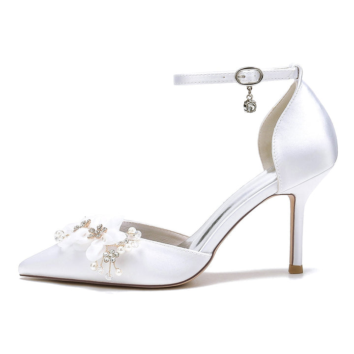 Chaussures de Mariée à Talons Hauts et Bout Pointu pour Femmes avec Fleurs de Mariage