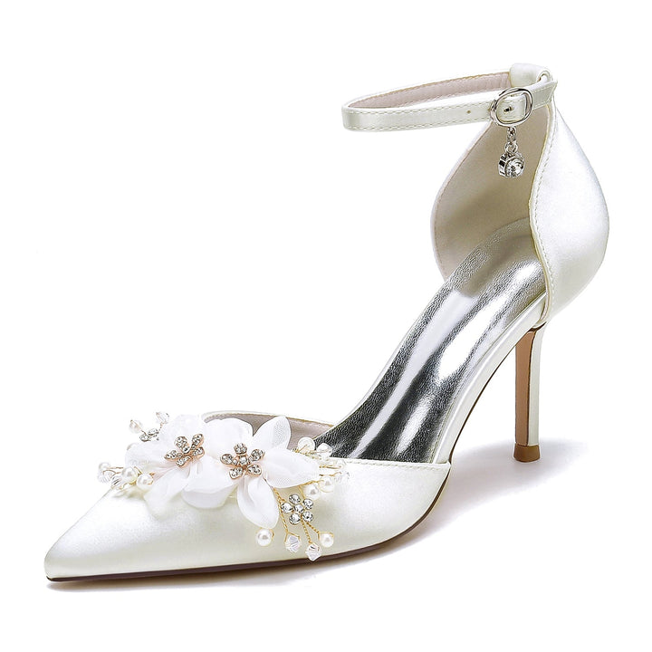 Chaussures de Mariée à Talons Hauts et Bout Pointu pour Femmes avec Fleurs de Mariage