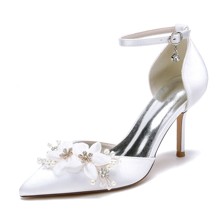 Chaussures de Mariée à Talons Hauts et Bout Pointu pour Femmes avec Fleurs de Mariage