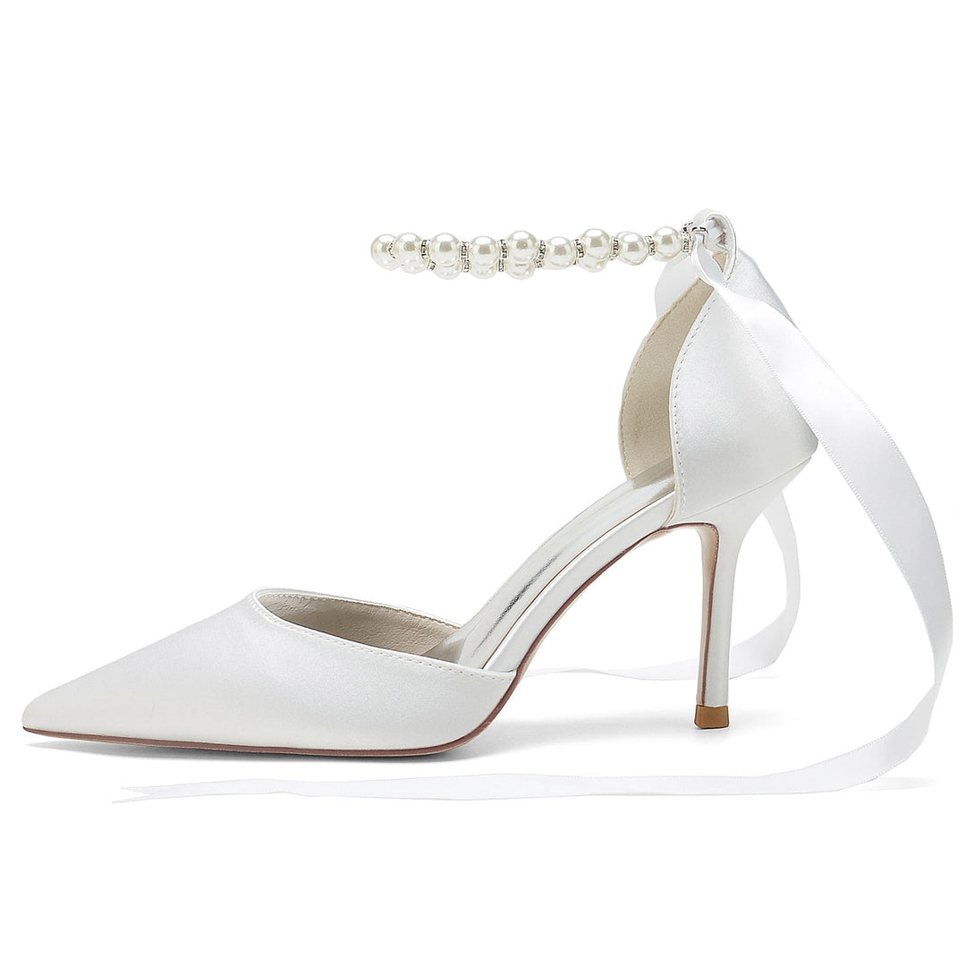 Chaussures de Mariage pour Femmes à Bout Pointu, Talon Aiguille, Boucle et Nœud en Perles
