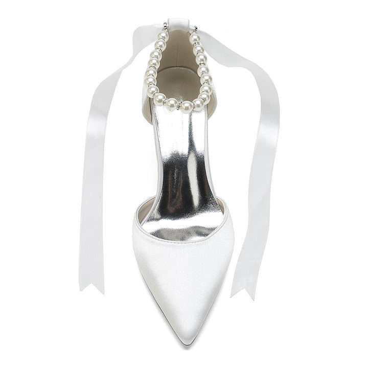 Chaussures de Mariage pour Femmes à Bout Pointu, Talon Aiguille, Boucle et Nœud en Perles