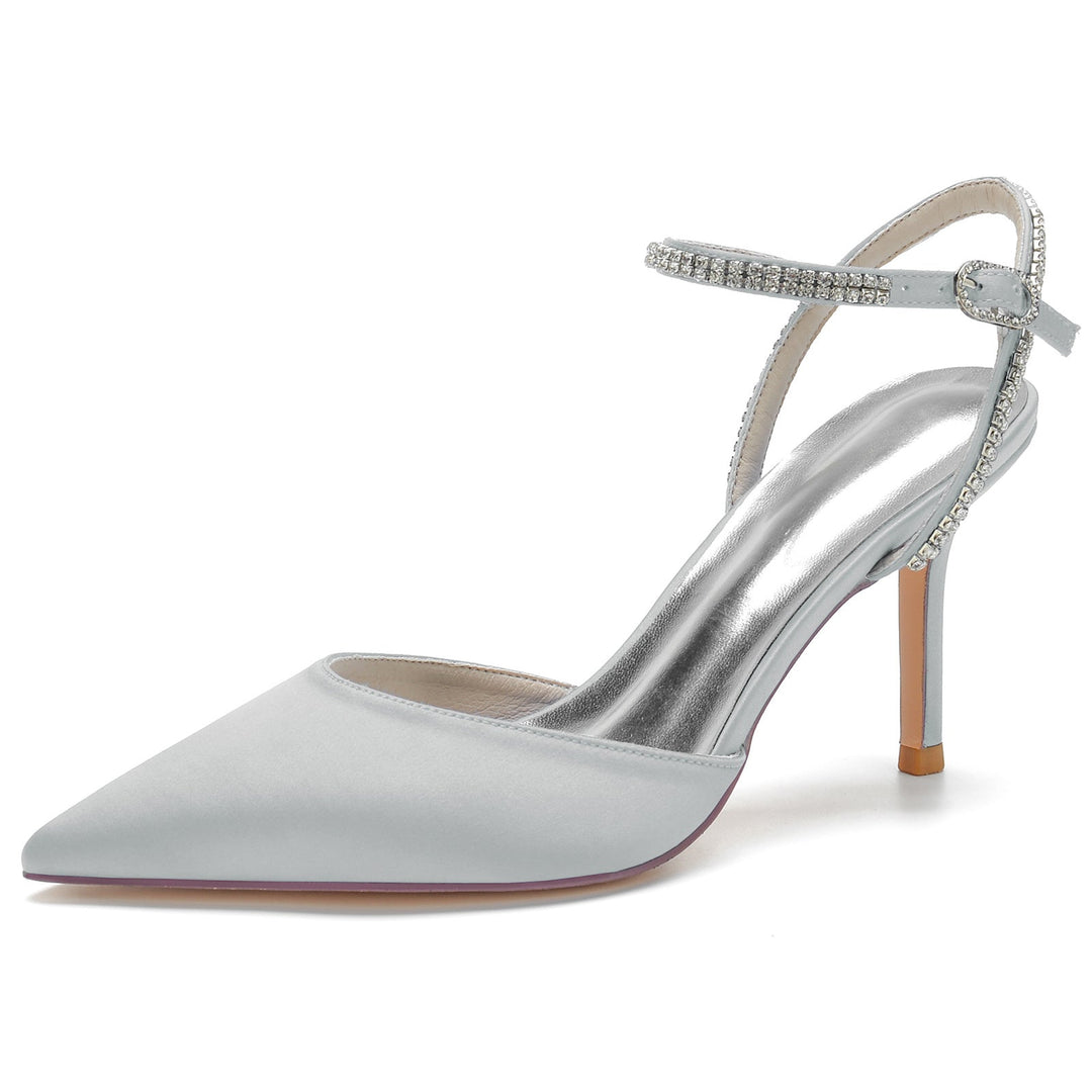 Chaussures de Mariage pour Femmes en Satin de Soie et Cristal, Chaussures de Mariée à Bout Pointu et Boucle