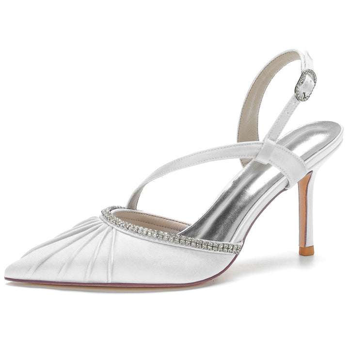 Chaussures de Mariage pour Femmes en Satin de Soie Strass Talon Haut Bout Pointu Chaussures de Mariée