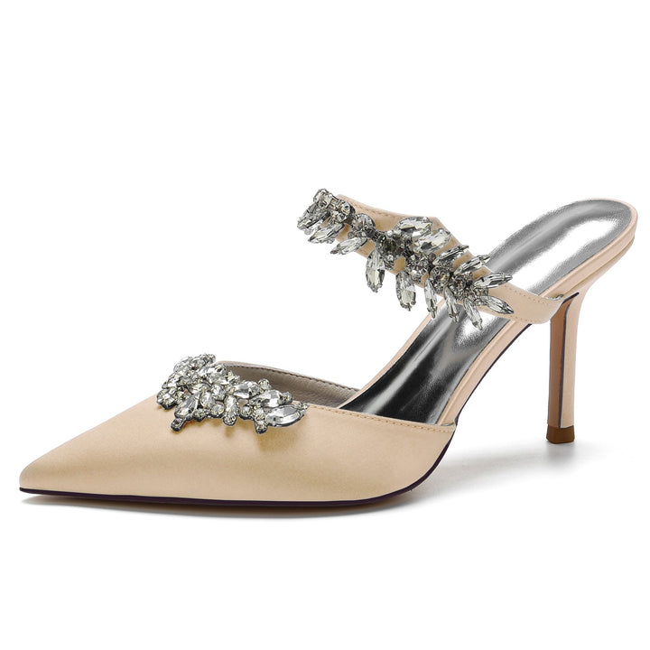 Chaussures de Mariage pour Femmes Mules en Cristal Chaussures de Mariée à Bout Pointu et Boucle à Talon Aiguille