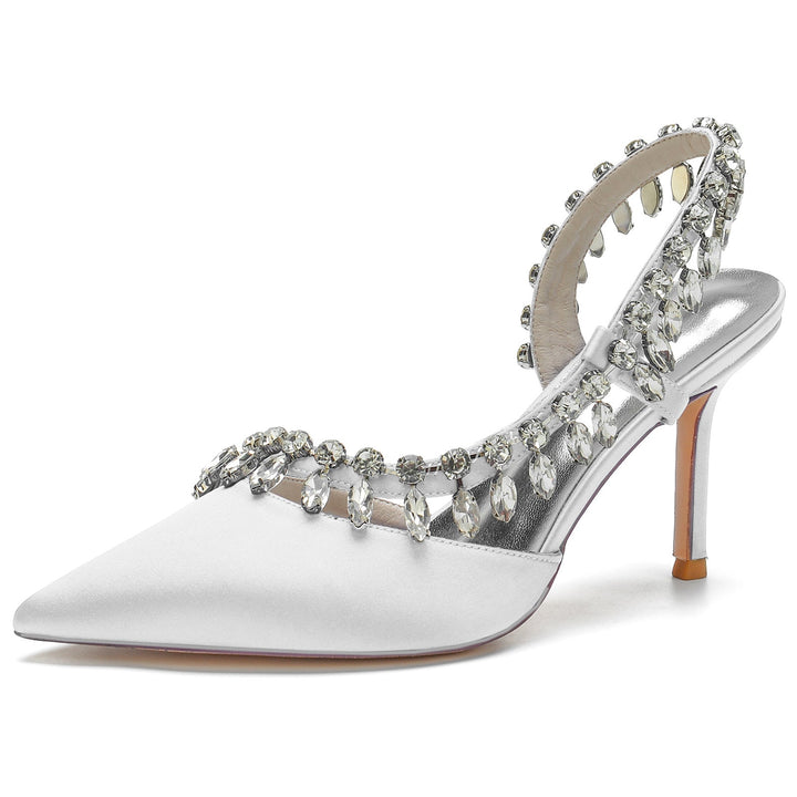 Chaussures de Mariage pour Femmes en Satin de Soie Strass Bout Fermé Chaussures de Mariée à Talons Hauts