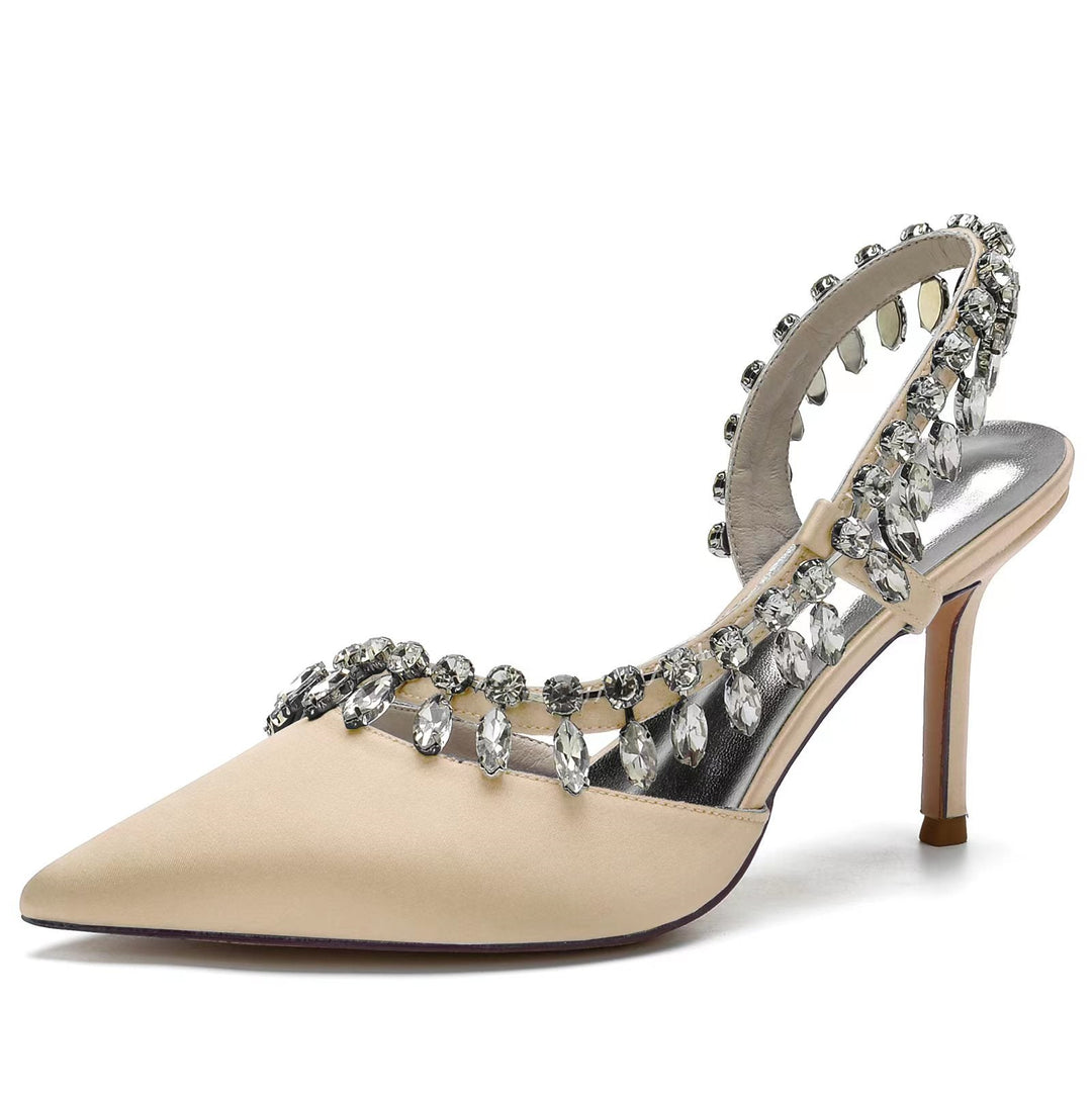 Chaussures de Mariage pour Femmes en Satin de Soie Strass Bout Fermé Chaussures de Mariée à Talons Hauts