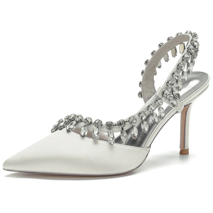 Chaussures de Mariage pour Femmes en Satin de Soie Strass Bout Fermé Chaussures de Mariée à Talons Hauts