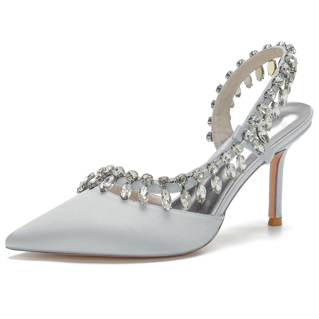 Chaussures de Mariage pour Femmes en Satin de Soie Strass Bout Fermé Chaussures de Mariée à Talons Hauts