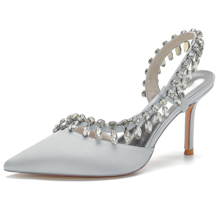 Chaussures de Mariage pour Femmes en Satin de Soie Strass Bout Fermé Chaussures de Mariée à Talons Hauts