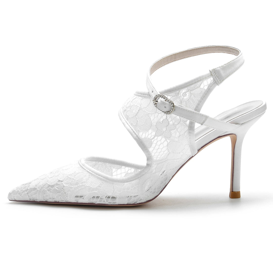 Chaussures de Mariage pour Femmes en Satin de Soie, Dentelle, Maille, Bout Pointu, Boucle, Chaussures de Mariée