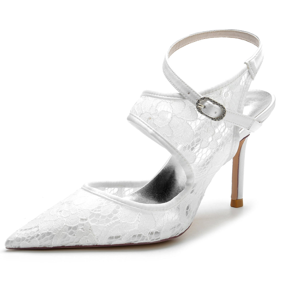 Chaussures de Mariage pour Femmes en Satin de Soie, Dentelle, Maille, Bout Pointu, Boucle, Chaussures de Mariée
