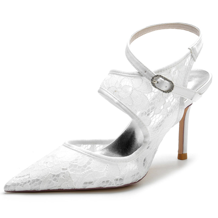 Chaussures de Mariage pour Femmes en Satin de Soie, Dentelle, Maille, Bout Pointu, Boucle, Chaussures de Mariée