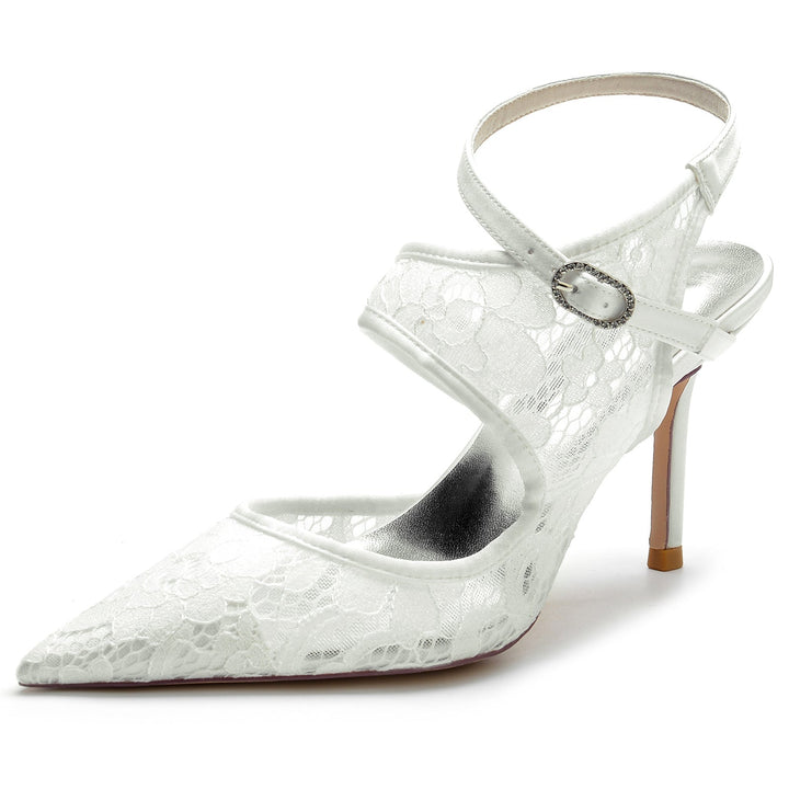 Chaussures de Mariage pour Femmes en Satin de Soie, Dentelle, Maille, Bout Pointu, Boucle, Chaussures de Mariée