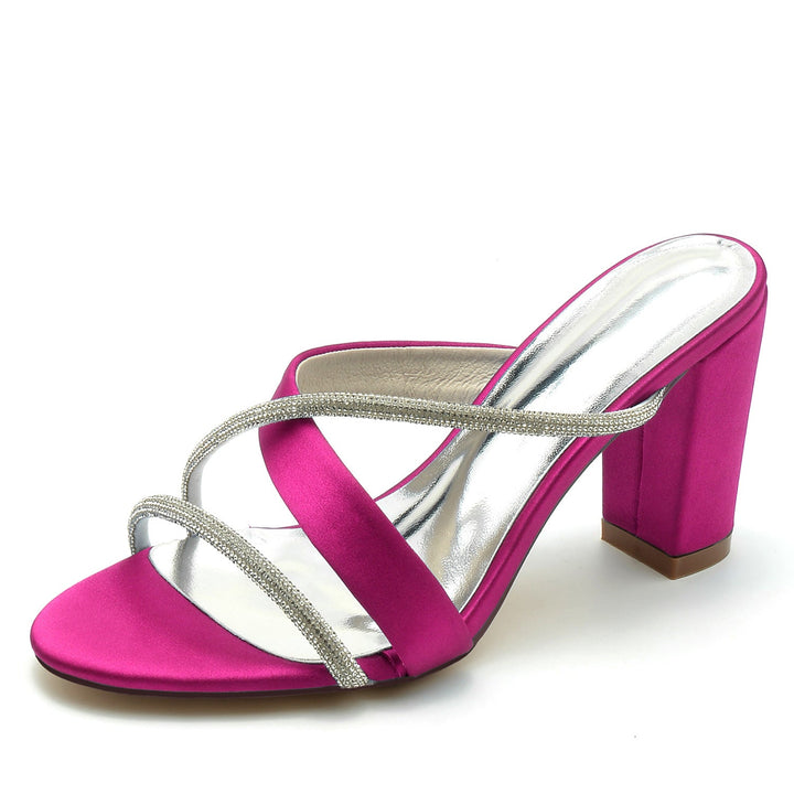 Chaussures de Mariage pour Femmes, Chaussures de Mariée à Bout Ouvert et Talon Épais en Cristal Croisé