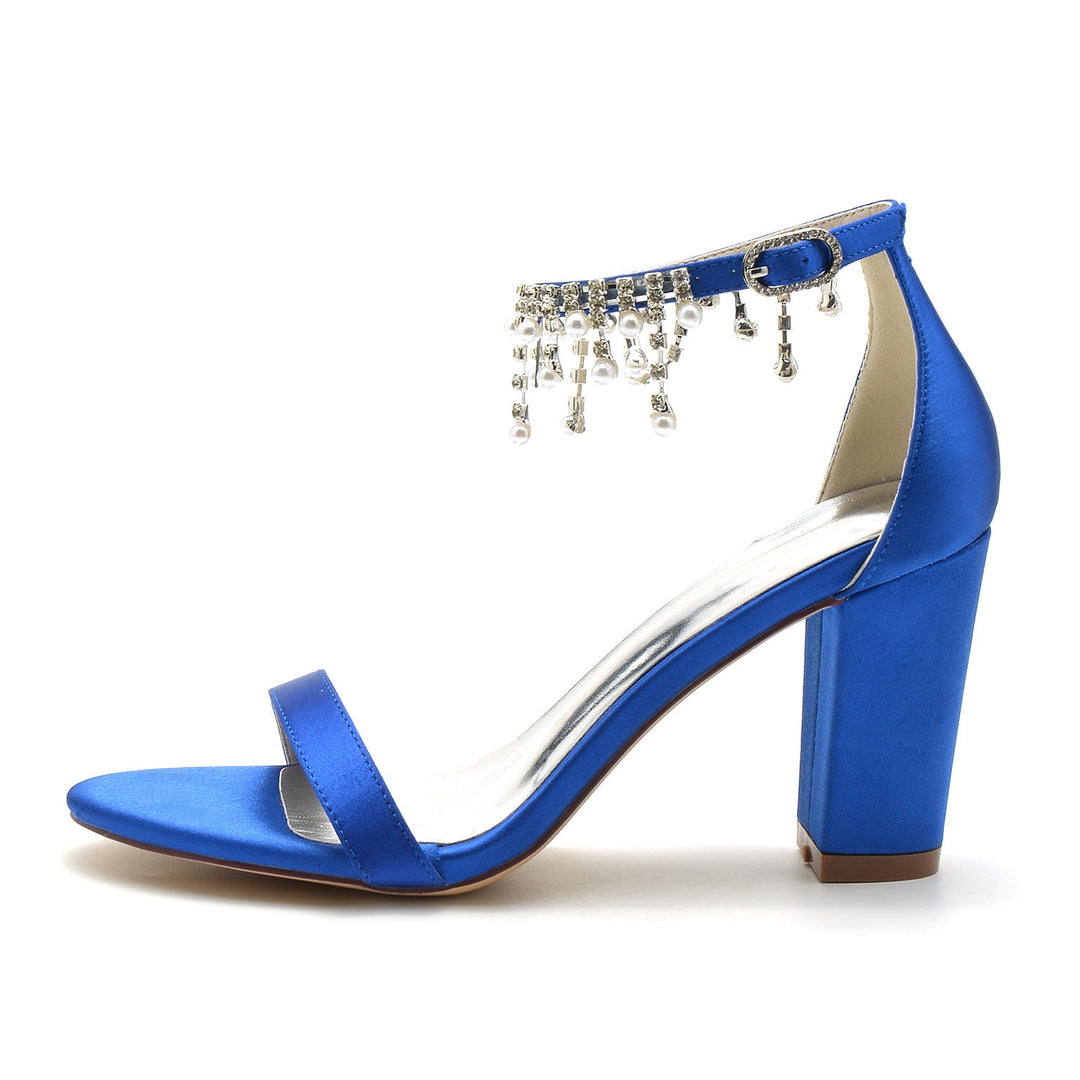 Chaussures de Mariage pour Femmes à Bout Ouvert et Talon Épais avec Bride à la Cheville et Strass