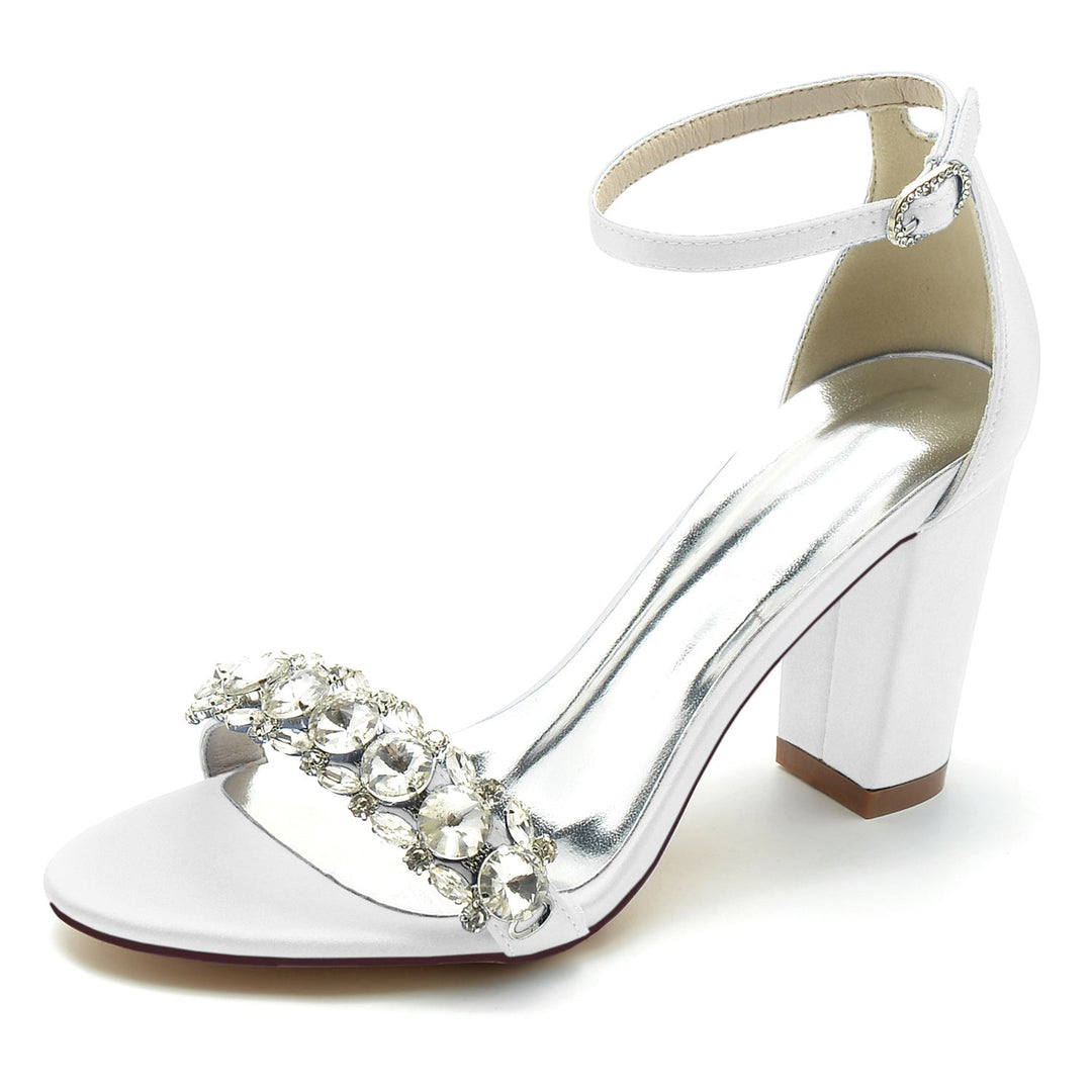 Chaussures de Mariage pour Femmes en Satin de Soie avec Strass et Bout Ouvert et Bride à la Cheville Épaisse