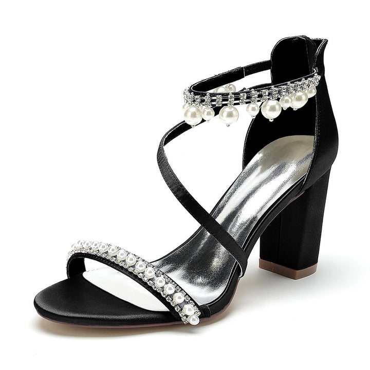 Chaussures de Mariage pour Femmes à Bout Ouvert, Talon Épais, Strass, Boucle en Perles, Chaussures de Mariée
