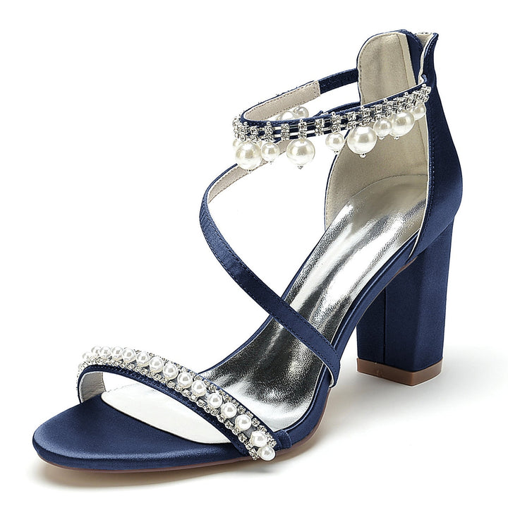 Chaussures de Mariage pour Femmes à Bout Ouvert, Talon Épais, Strass, Boucle en Perles, Chaussures de Mariée