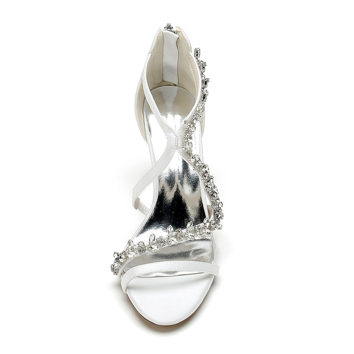 Chaussures de Mariage pour Femmes, Chaussures de Mariée Blanches à Talons Épais et Bout Ouvert avec Strass Croisés