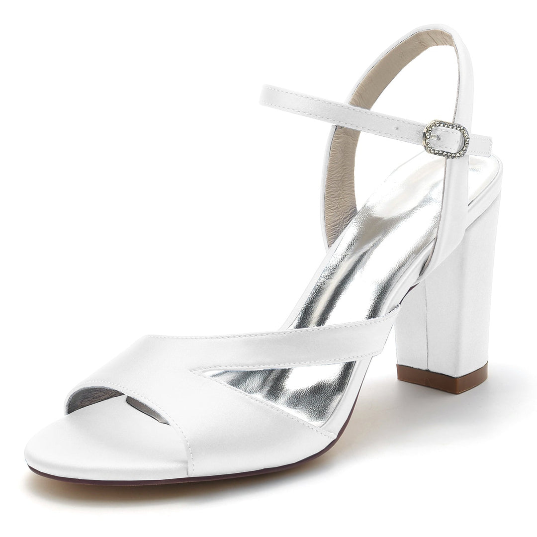 Chaussures de Mariage pour Femmes en Satin de Soie à Bout Ouvert et Boucle en Bloc