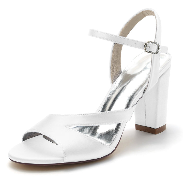 Chaussures de Mariage pour Femmes en Satin de Soie à Bout Ouvert et Boucle en Bloc