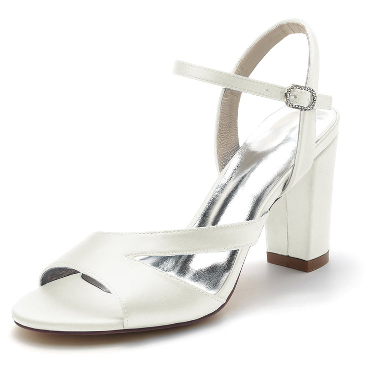 Chaussures de Mariage pour Femmes en Satin de Soie à Bout Ouvert et Boucle en Bloc