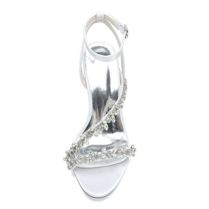 Chaussures de Mariage pour Femmes, Chaussures de Mariée Blanches à Lanières et Strass, Bout Ouvert, Talon Bloc
