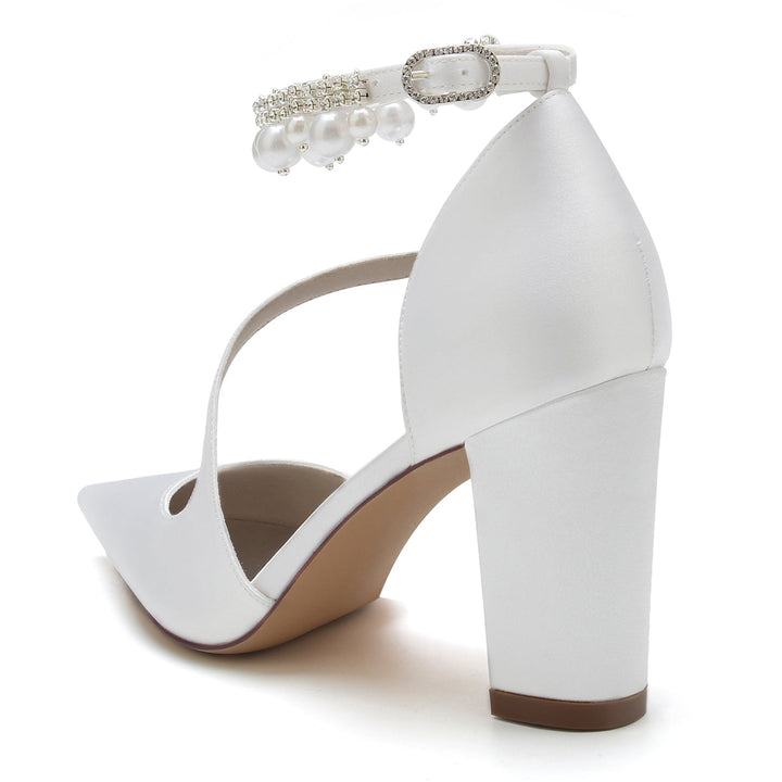 Chaussures de Mariage pour Femmes, Chaussures de Mariée à Bout Pointu et Boucle en Perles Blanches