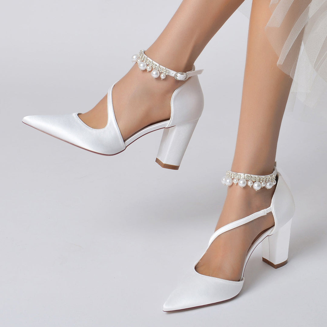 Chaussures de Mariage pour Femmes, Chaussures de Mariée à Bout Pointu et Boucle en Perles Blanches