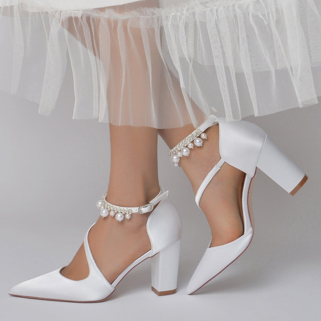 Chaussures de Mariage pour Femmes, Chaussures de Mariée à Bout Pointu et Boucle en Perles Blanches