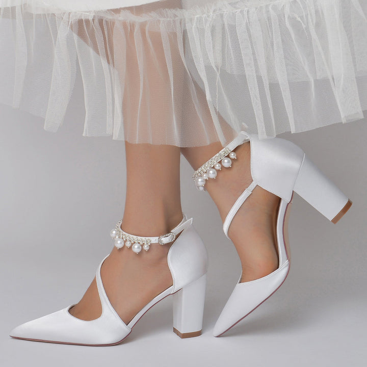 Chaussures de Mariage pour Femmes, Chaussures de Mariée à Bout Pointu et Boucle en Perles Blanches