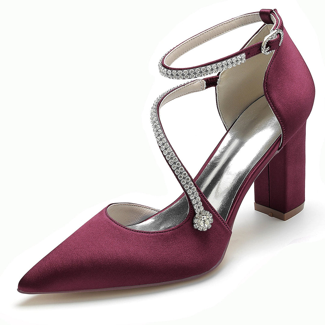 Chaussures de Mariage pour Femmes Mini Strass Bloc Bout Pointu Boucle Chaussures de Mariée
