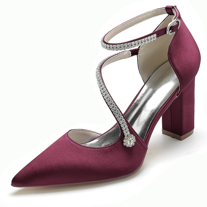 Chaussures de Mariage pour Femmes Mini Strass Bloc Bout Pointu Boucle Chaussures de Mariée