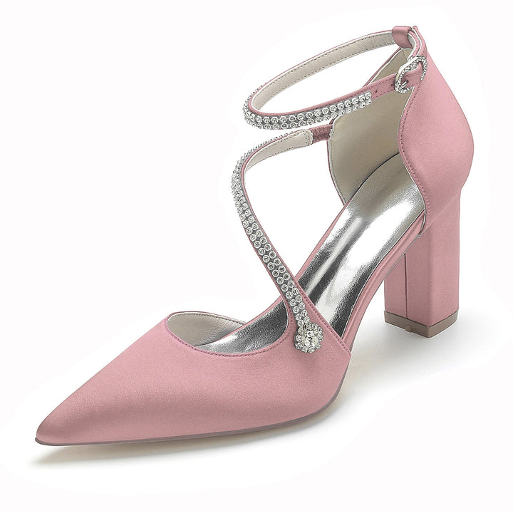 Chaussures de Mariage pour Femmes Mini Strass Bloc Bout Pointu Boucle Chaussures de Mariée