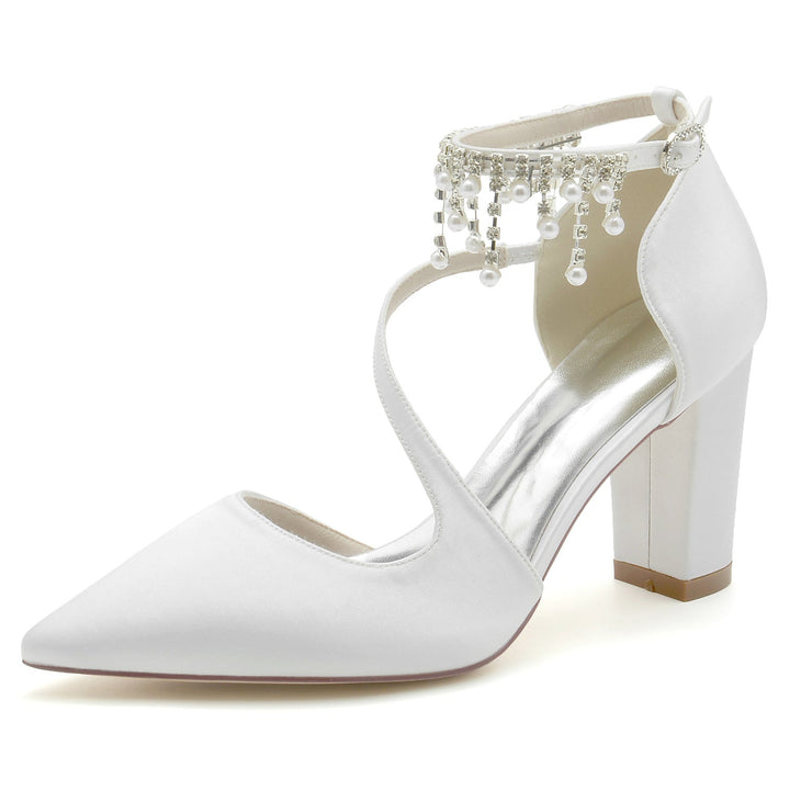 Chaussures de Mariage pour Femmes en Satin de Soie et Perles, Chaussures de Mariée à Bout Pointu et Boucle