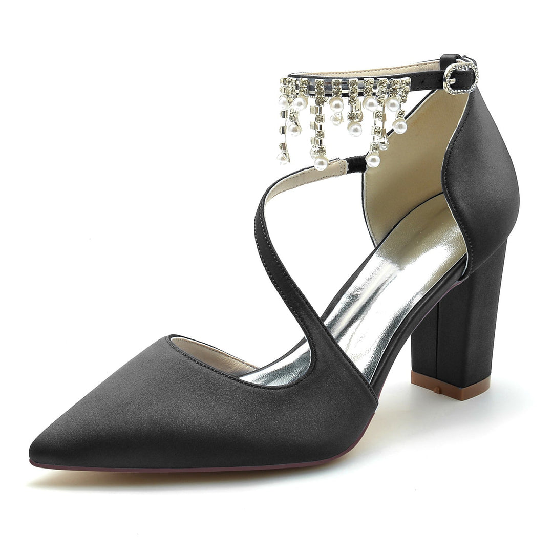 Chaussures de Mariage pour Femmes en Satin de Soie et Perles, Chaussures de Mariée à Bout Pointu et Boucle