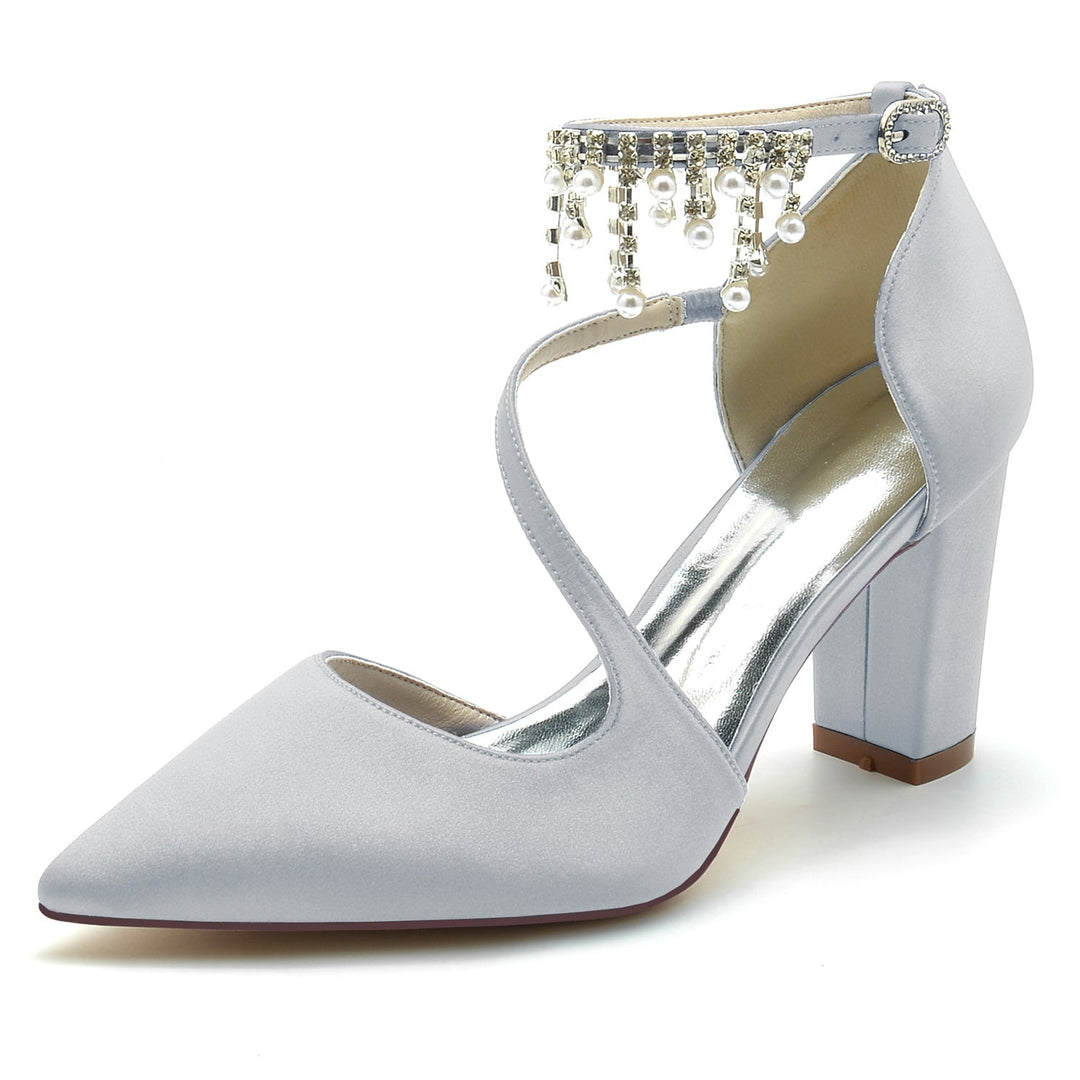 Chaussures de Mariage pour Femmes en Satin de Soie et Perles, Chaussures de Mariée à Bout Pointu et Boucle