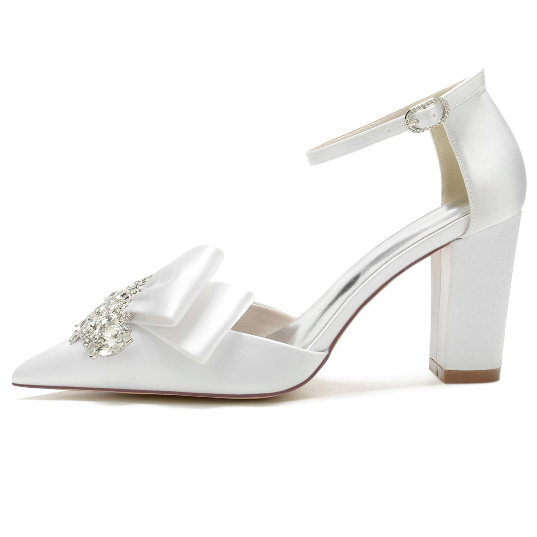 Chaussures de Mariage pour Femmes en Satin de Soie Strass Bout Pointu Épais Boucle Chaussures de Mariée