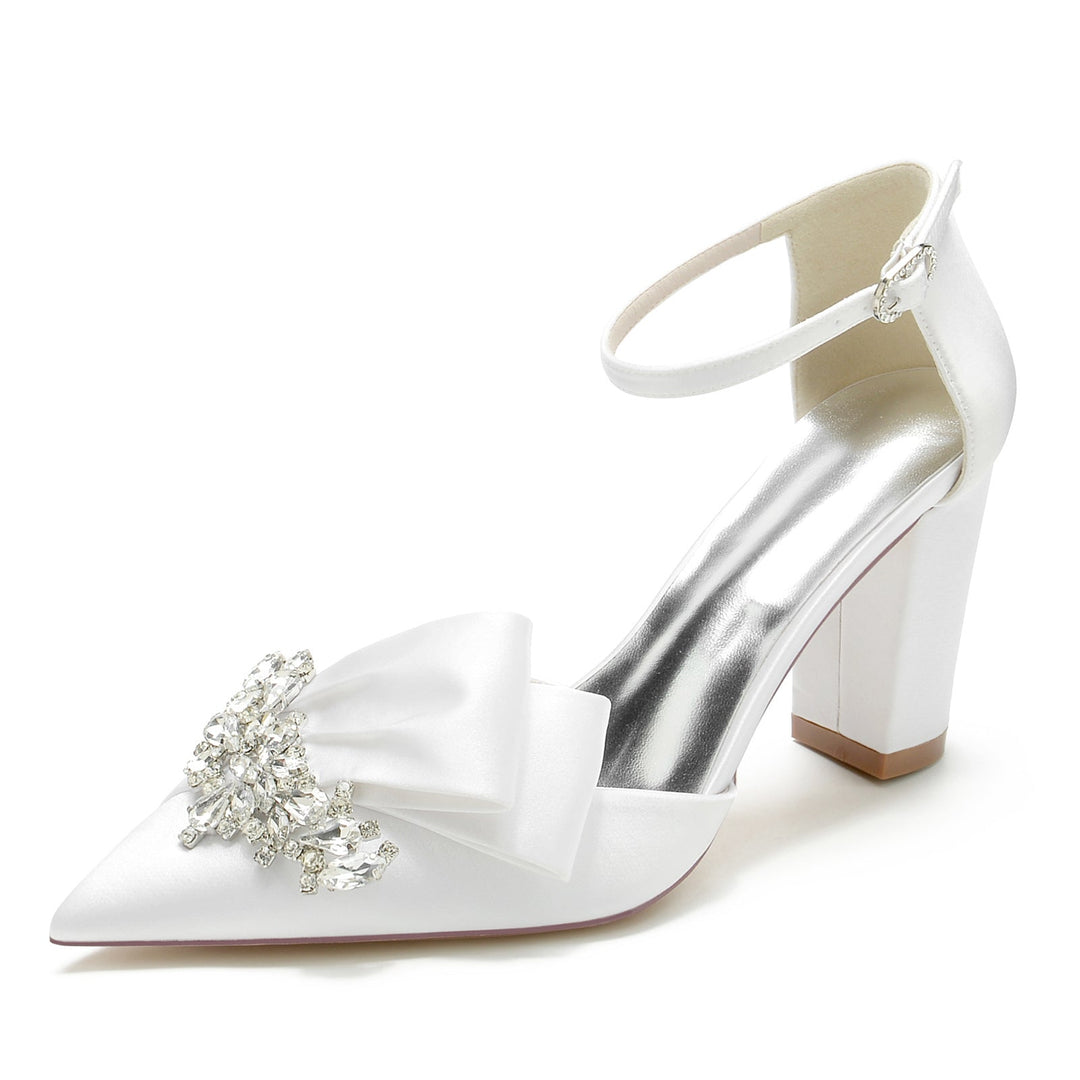 Chaussures de Mariage pour Femmes en Satin de Soie Strass Bout Pointu Épais Boucle Chaussures de Mariée