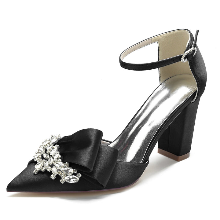 Chaussures de Mariage pour Femmes en Satin de Soie Strass Bout Pointu Épais Boucle Chaussures de Mariée