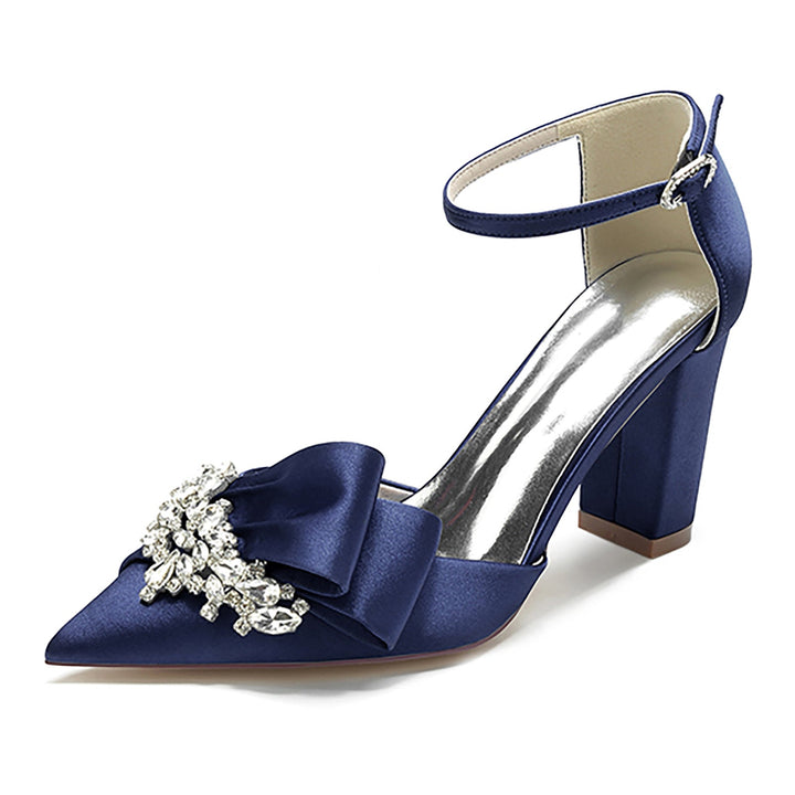 Chaussures de Mariage pour Femmes en Satin de Soie Strass Bout Pointu Épais Boucle Chaussures de Mariée