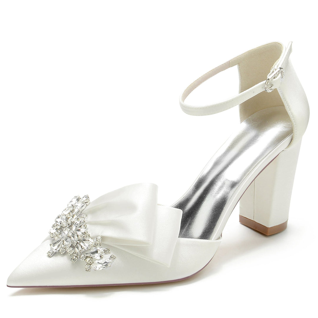 Chaussures de Mariage pour Femmes en Satin de Soie Strass Bout Pointu Épais Boucle Chaussures de Mariée