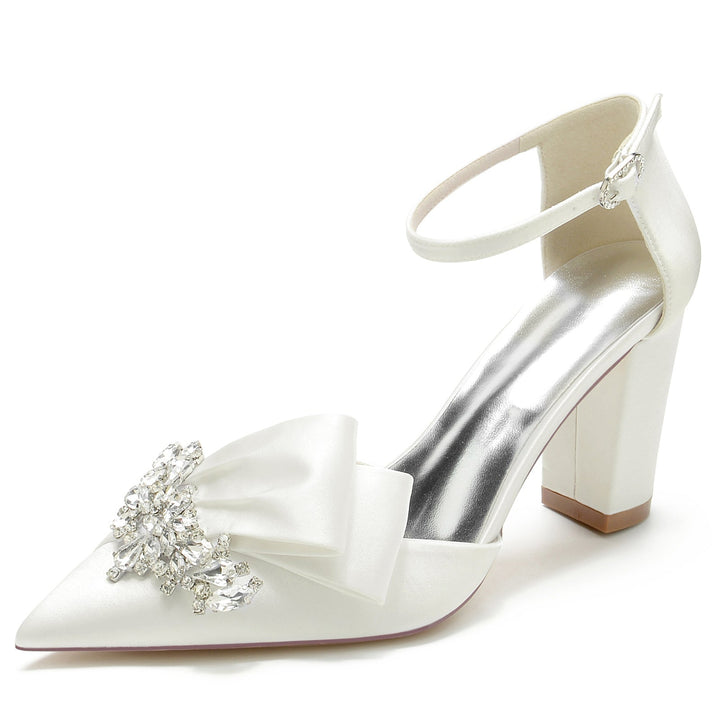 Chaussures de Mariage pour Femmes en Satin de Soie Strass Bout Pointu Épais Boucle Chaussures de Mariée