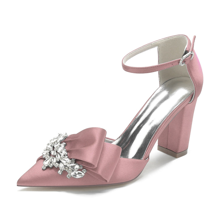 Chaussures de Mariage pour Femmes en Satin de Soie Strass Bout Pointu Épais Boucle Chaussures de Mariée