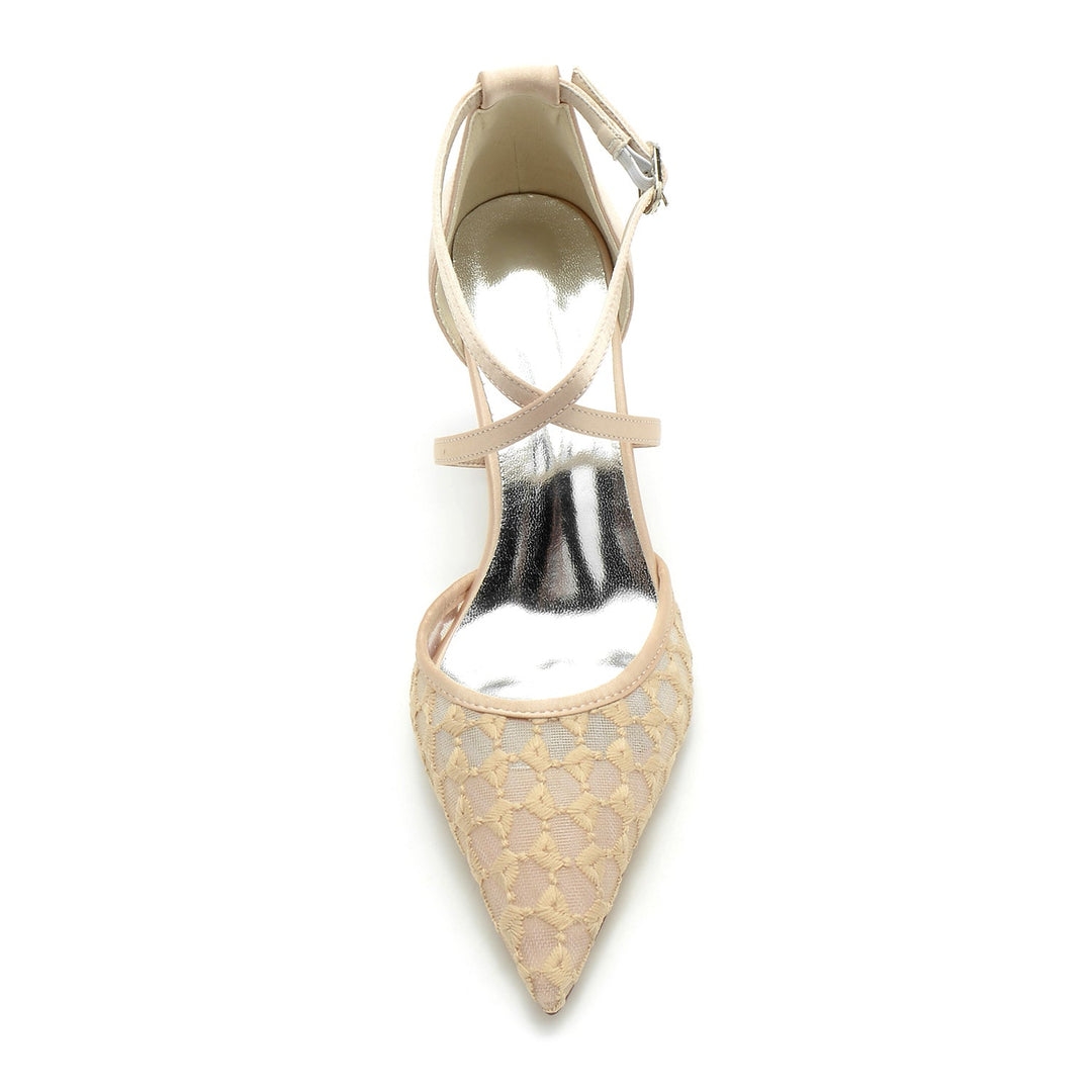 Chaussures de Mariage pour Femmes en Satin de Soie et Maille à Bout Pointu et Boucle