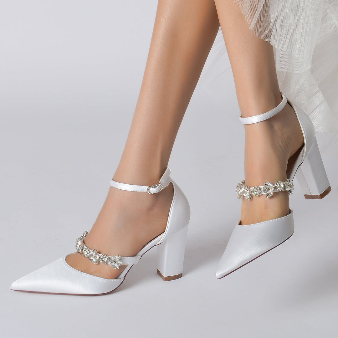 Chaussures de Mariée à Talon Bloc et Bout Pointu en Strass pour Femmes